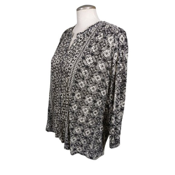 Lucky Brand Womens M Top Black White Ditsy Floral Print Long Sleeve Ruffle Neck - Picture 3 of 5